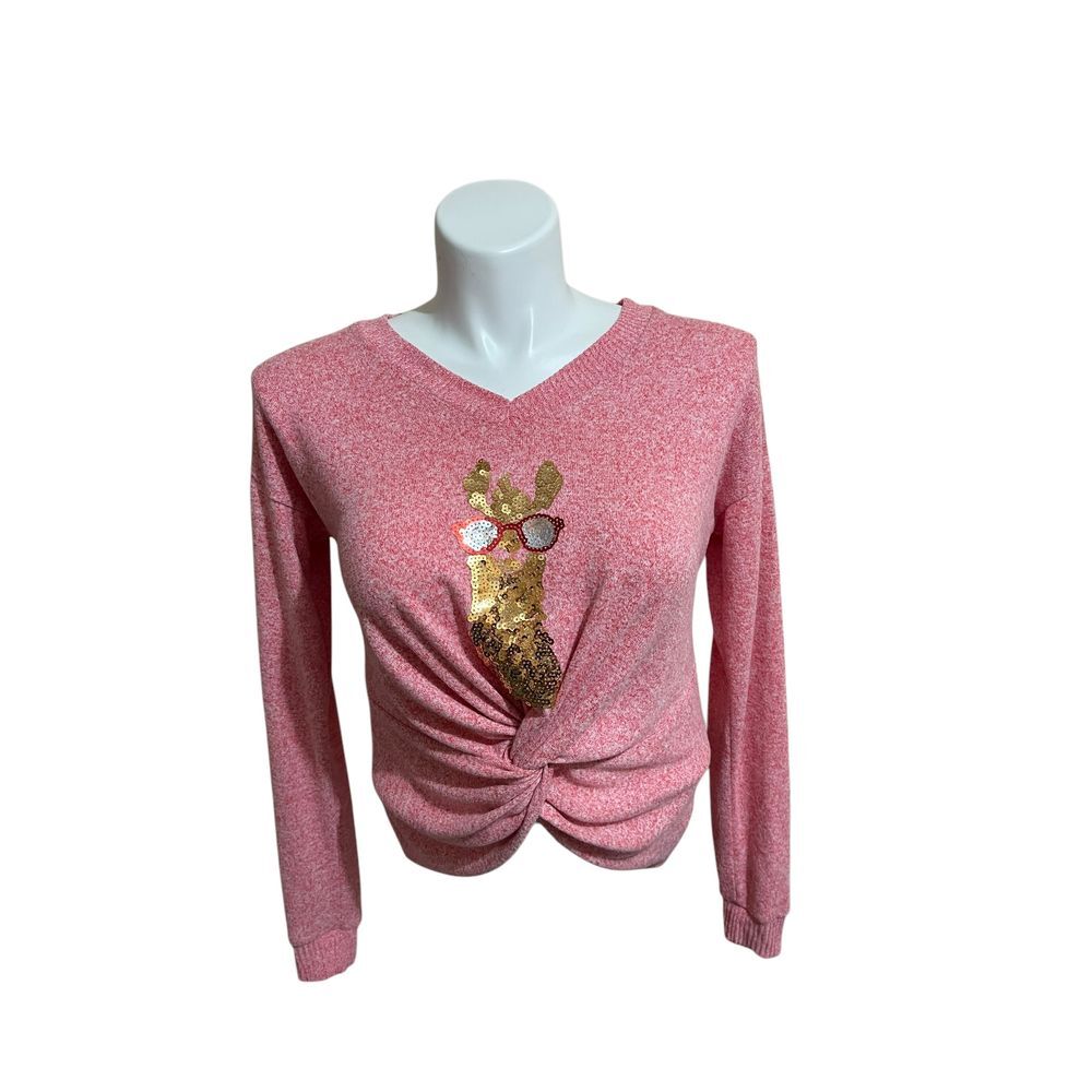 Merry Christmas Pink Sweater Sequin Llama Holiday V Neck‎ Pullover Size L